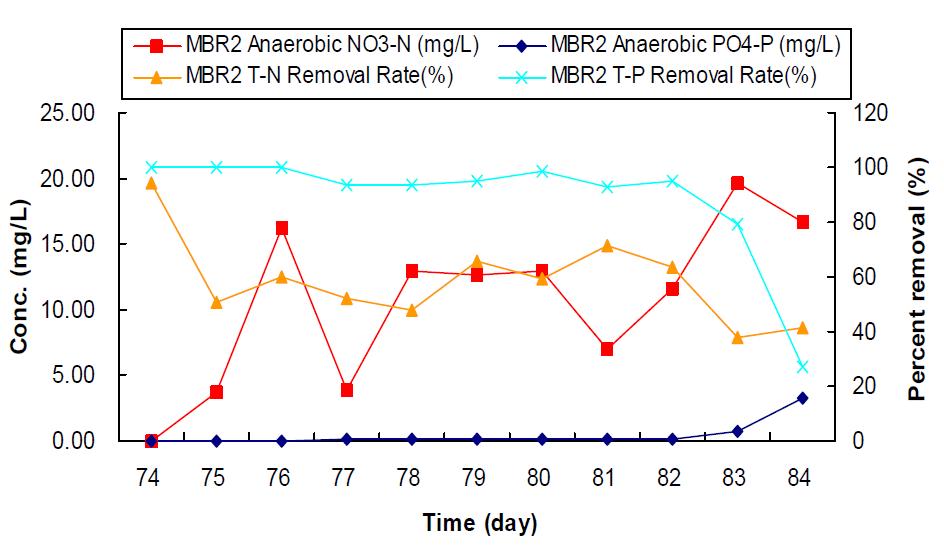 MBR2 혐기조의 질산성질소의 증가에 따른 PO -P농도와 T-N, T-P제거율