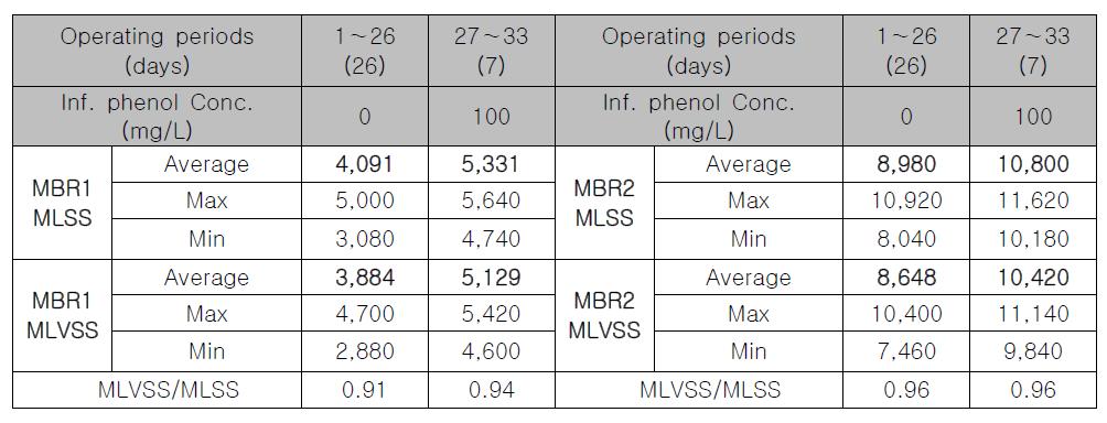 페놀 100mg/L로 주입하여 운전시 MLSS, MLVSS의 변화