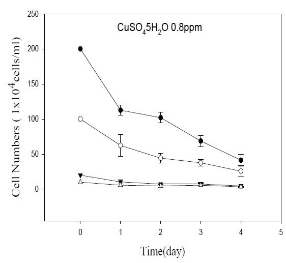 Strickland and Parson법에 의한 CuSO4·5H2O를 살포한 Microcystis aeruginosa의 세포수에 대한 시간적 변화