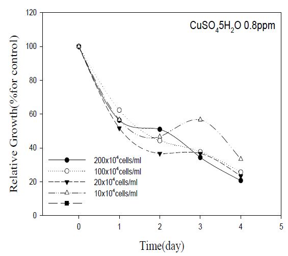 CuSO4·5H2O를 살포 4일후 Microcystis aeruginosa 의 세포수별 감소율