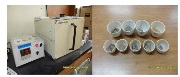 그림 3.1.4 삼락습지 퇴적물의 유기물함량시험에 사용된 건조로(a)와 건조로 에서 작열감량된 시료의 모습(b)