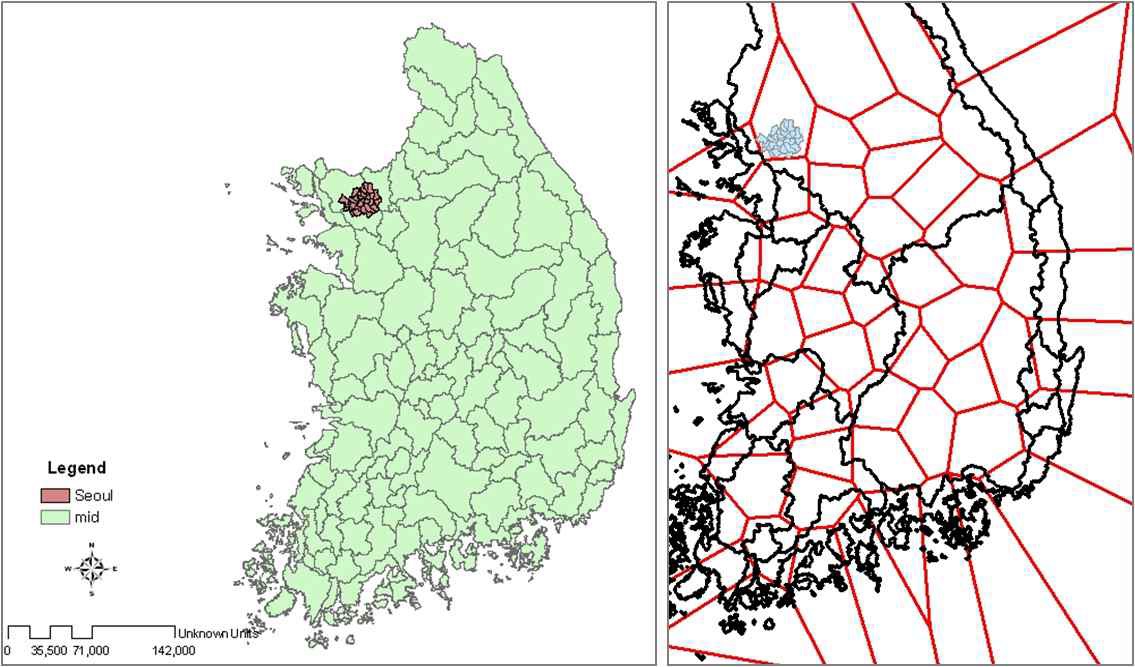 중권역의 서울시 위치(좌)와 57개 지점에 의한 티센망 특징