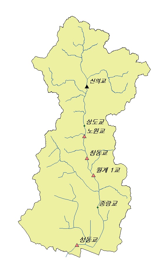 중랑천 유역의 수문관측소 위치도
