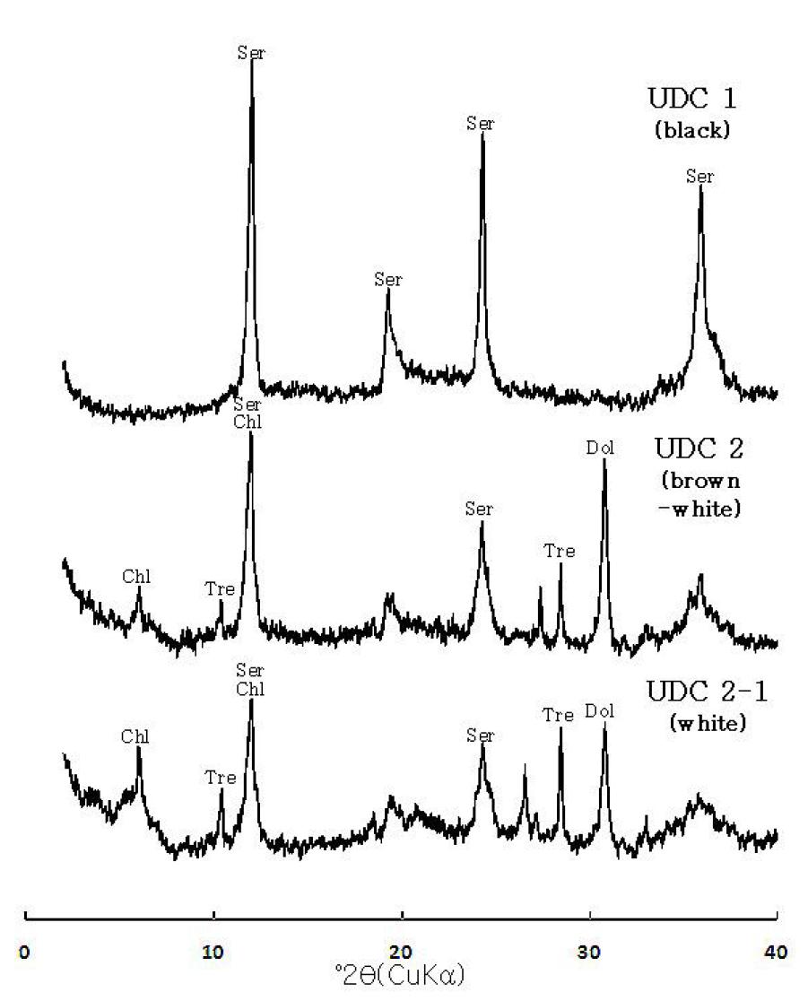과거 울산광산 지역의 노출암석에 대한 XRD PaternSer:사문석,Chl:녹니석,Tre:투각섬석