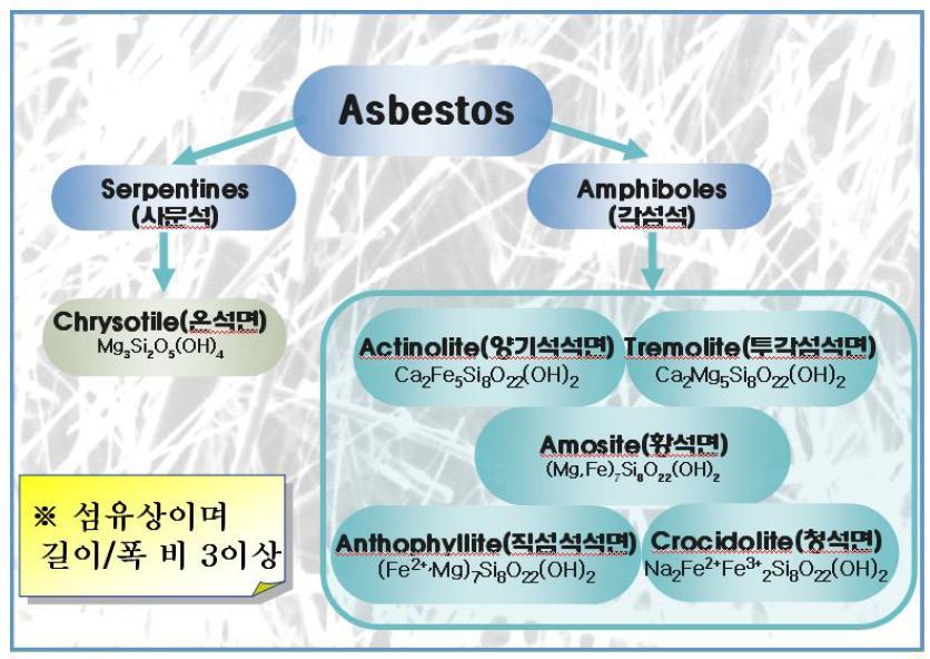 국제기구(WHO,ILO)에서 규정한 유해 석면의 종류