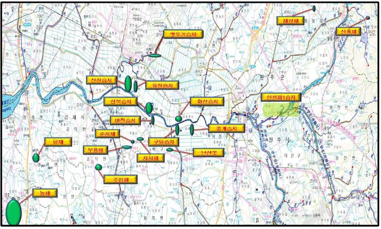 그림 3.5.1 만경강 유역의 습지 조사 현황