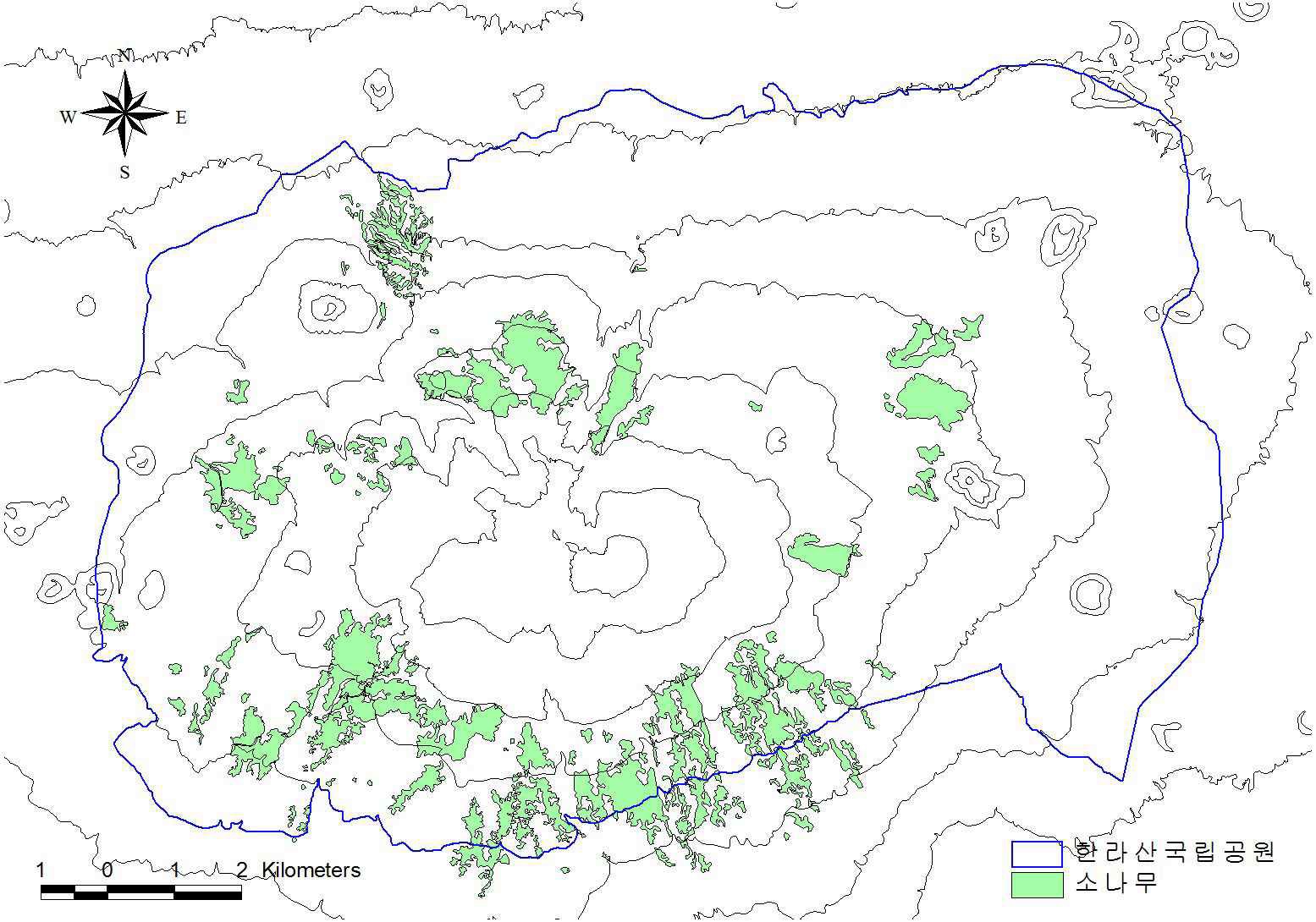 그림 19. 한라산국립공원내 소나무림의 분포역