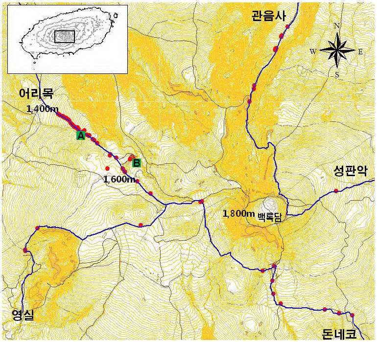 그림 28. 참억새의 한라산 등산로별 분포 및 장기동태 조사구 위치