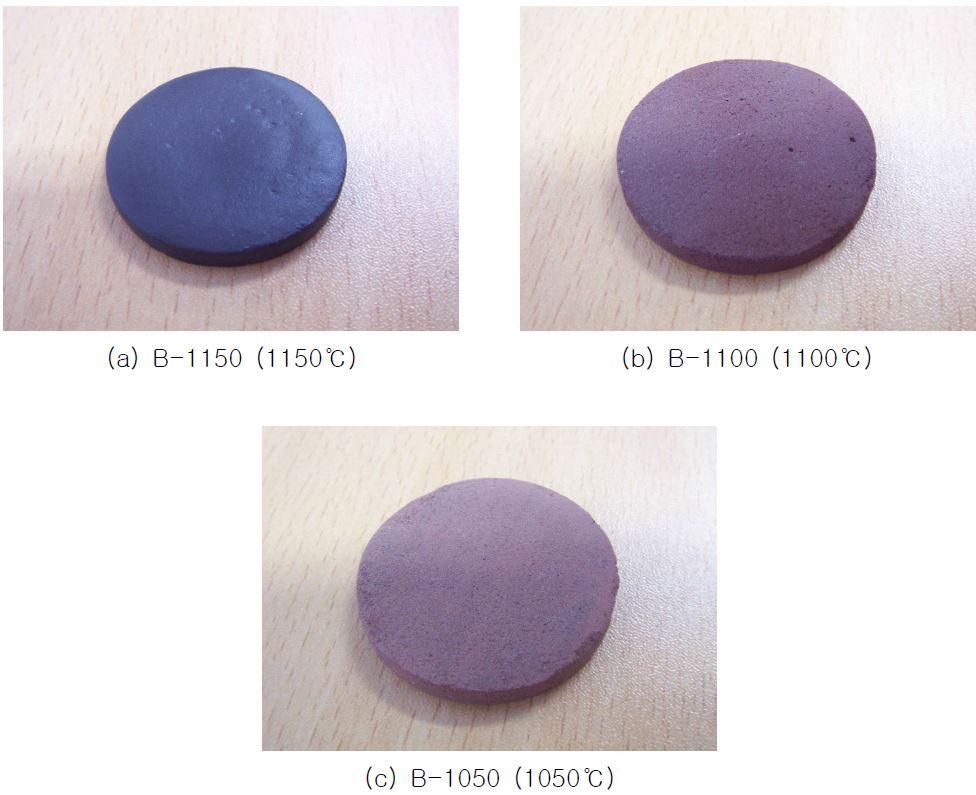 각 소결온도에서 제조된 세라믹 (석분슬러지 100%)