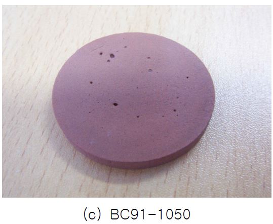 각 소결온도에서 제조된 세라믹 (석분슬러지 90% + 옹기토 10%)