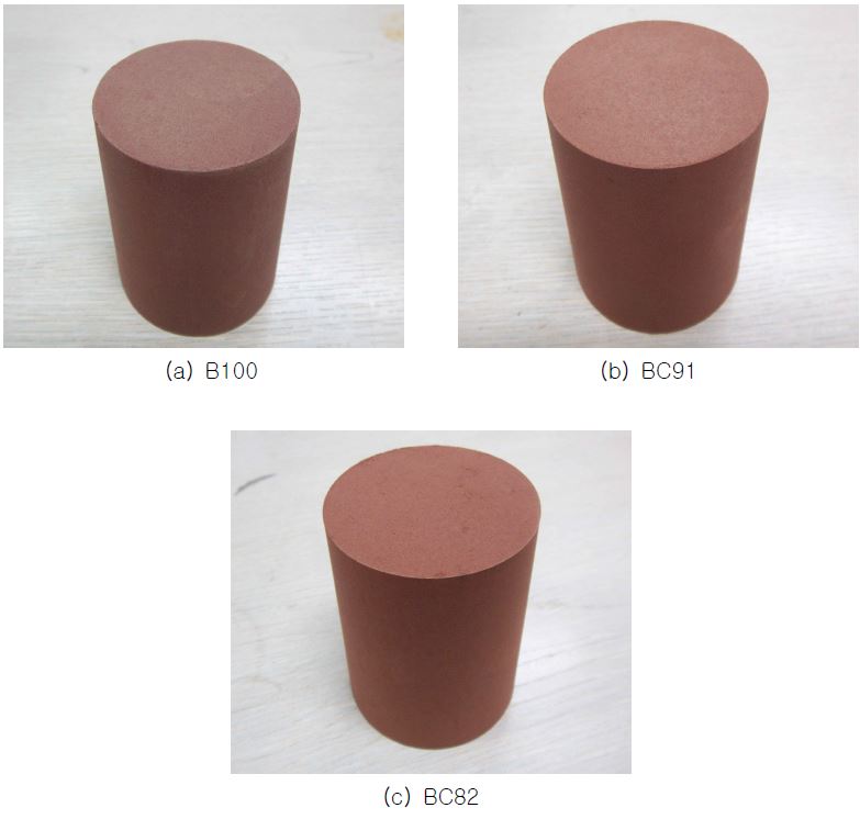 석분슬러지와 옹기토의 배합비를 달리한 압축강도 시험편 (1050℃)