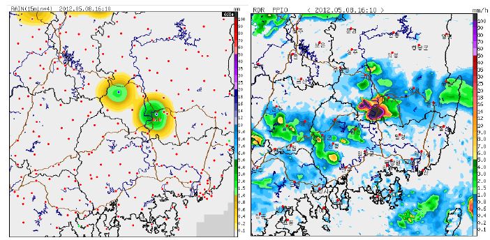 Fig. 3.2.7. Distribution chart of accumulated precipitation(left) and Radar composite image PPI0(right) on 08 May 2012.