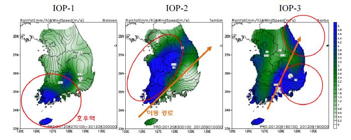 Fig. 4.2.14. Distribution of rainfall amount(shaded) and wind(contour).