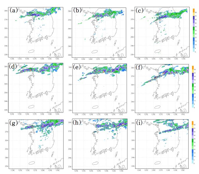 Fig. 4.4.16. Spatial distribution of reflectivity during mature stage of convection band (a,d,g for 0600, b,e,h for 0800, c,f,i for 1000 UTC 21) derived from the observation (upper panels), CReSS (middle panels) and WRF (lower panels) simulations.