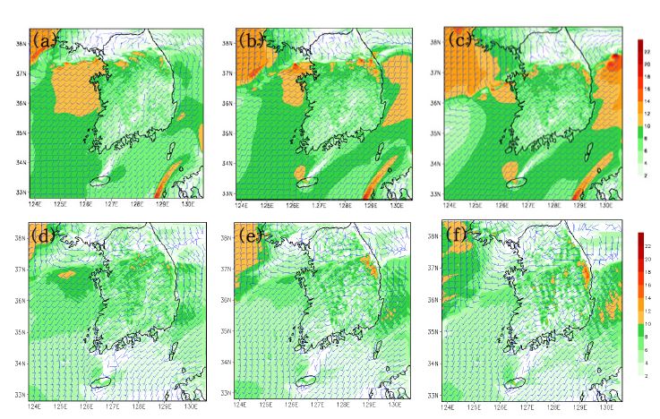 Fig. 4.4.17. Spatial distribution of wind direction and speed during mature stage of convection band(a,d for 0600, b,e for 0800, c,f for 1000 UTC 21) derived from the CReSS (upper panels) and WRF (lower panels) simulations.