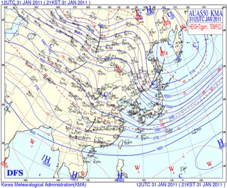 Fig. 4.5.32. Synopic 500hPa weather chart at 12 UTC 31 January 2011.