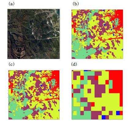 Fig. 4.5.33. (a) Focus area for this study of forest fire. The white fire shape is point source of forest fire. Fuel data of this study area (b) using 1/3' resolution, (c) using 3' resolution, (d) using 30' resolution.