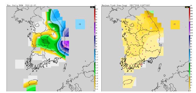 Fig. 3.1.5. The distribution of maximum depth of snow cover in surface in January 3rd 2011(left) and from 1981 to 2010(right).