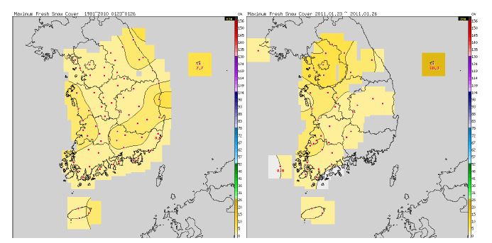 Fig. 3.1.7. Average maximum depth of fresh snow cover(cm)(left) from 1981 to 2010 and average maximum depth of fresh snow cover(cm)(right) in 2011