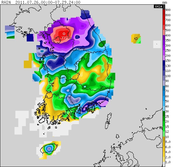 Fig. 3.1.17. The distribution accumulated precipitation at AWS from July 26th 00:00 to July 29th 24:00.