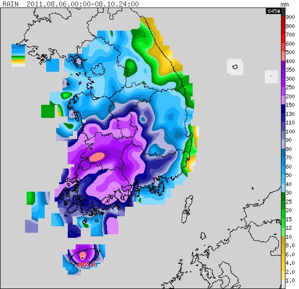 Fig. 3.1.19. 2011.8.6.00:00～10.24:00 AWS accumulated precipitation distribution.