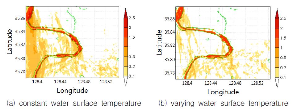 Fig. 4.1.6. Diurnal averaged effect region assessed by criterion of meteorological factors (air temperature, mixing ratio, wind speed) from WRF model results with and without variation of water surface temperature December 6, 2009.