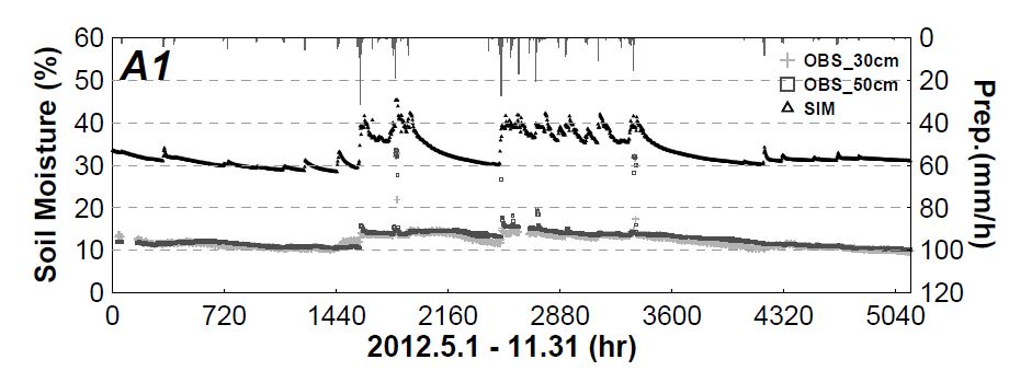 Fig. 6.4.6. Point based the hourly observed soil moisture at -30 cm and -50 cm for A1 station and cell based the hourly simulated one in root zoon during analysis period.