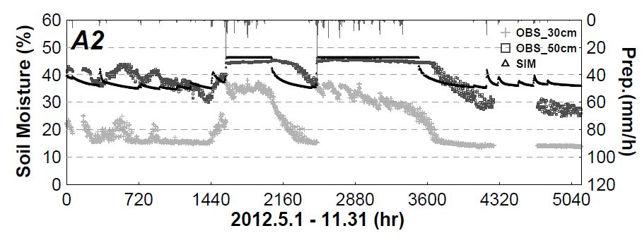 Fig. 6.4.7. Point based the hourly observed soil moisture at -30 cm and -50 cm for A2 station and cell based the hourly simulated one in root zoon during analysis period.