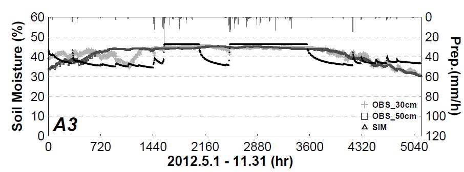 Fig. 6.4.8. Point based the hourly observed soil moisture at -30 cm and -50 cm for A3 station and cell based the hourly simulated one in root zoon during analysis period.