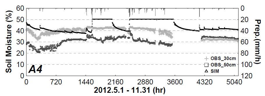 Fig. 6.4.9. Point based the hourly observed soil moisture at -30 cm and -50 cm for A4 station and cell based the hourly simulated one in root zoon during analysis period.