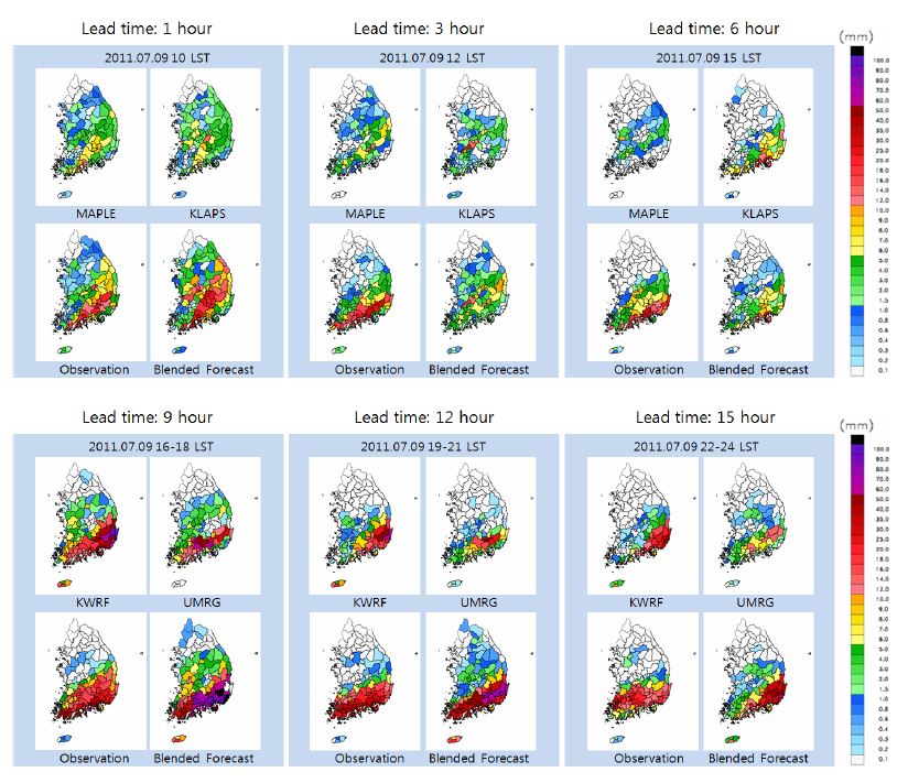 Fig. 7.3.4. The evolution of MAPLE, KLAPS, AWS and blending precipitation started from 09 LST 9 July 2011.