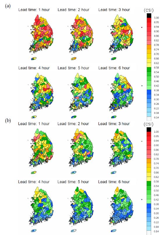 Fig. 7.3.5. Spatial distribution of Critical Success Index (CSI) for 117 mid-watersheds in the summer of 2011