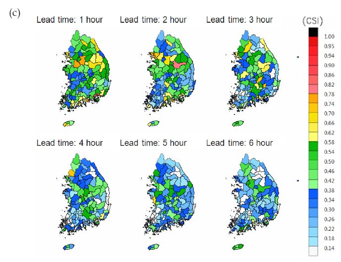 Fig. 7.3.5. Spatial distribution of Critical Success Index (CSI) for 117 mid-watersheds in the summer of 2011