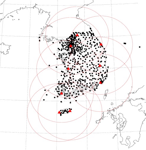 Fig. 8.2.1. Locations of the rain gauges (black square) and radars (red triangle) in south Korea. The red dashed line denotes the coverage (≤200 km) of the each radar.