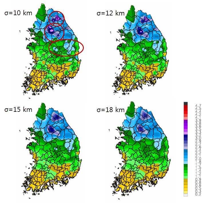 Fig. 8.3.2. Distributions of spatial correction factor (F) with weight factor (σ0) on Jul. 9, 2009.