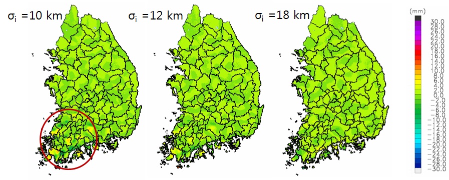 Fig. 8.3.9. The differences between two rainfall fields (Rσ=15km - Rσ=σi) on Jul. 11, 2009.