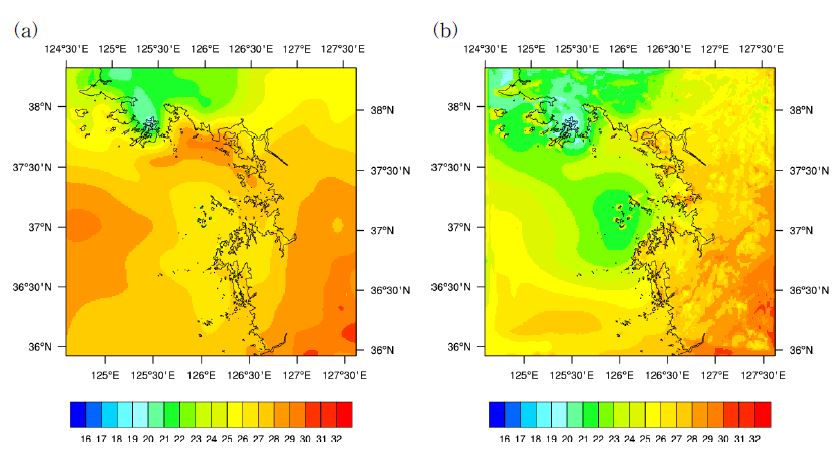 Fig. 2.1.3. The surface temperature with 30 minutes interval analysis (a) 11:00 LST and (b) 11:30 LST on 15 August 2012.