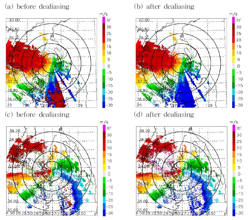 Fig. 2.1.7. Radial velocity image on GDK(upper) and KWK(lower) radar before(left) and after(right) dealiasing in case of typhoon MUIFA at 15 UTC 07 Aug., 2011.