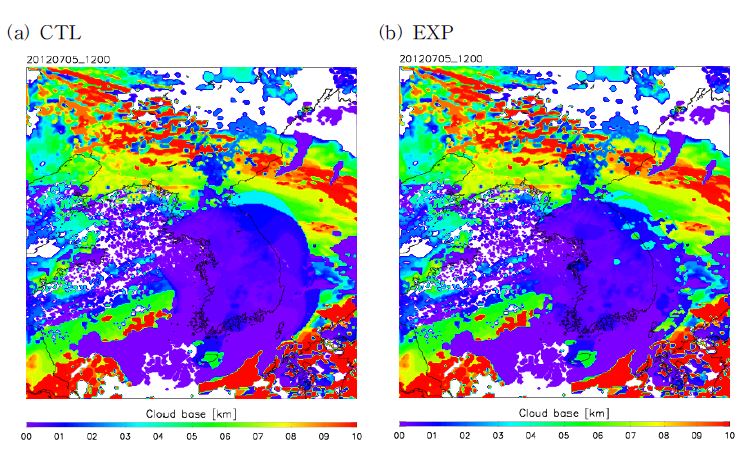 Fig. 2.1.12. Cloud base of (a) CTL and (b) EXP from cloud analysis at 12 UTC 5 July 2012.