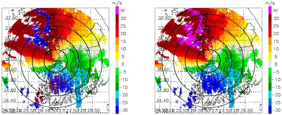 Fig. 2.1.6. Radial velocity image on KSN radar (a) before and (b) after dealiasing in case of typhoon MUIFA at 15 UTC 07 Aug., 2011.