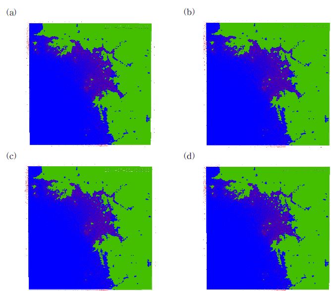 Fig. 2.2.4. Land-sea masks for tidal data on sequential time from 1400 KST to 1700 KST 5 Jul. 2011.