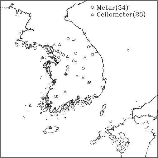 Fig. 2.1.11. The locations of operational ceilometer and METAR sites in the Korean peninsula.