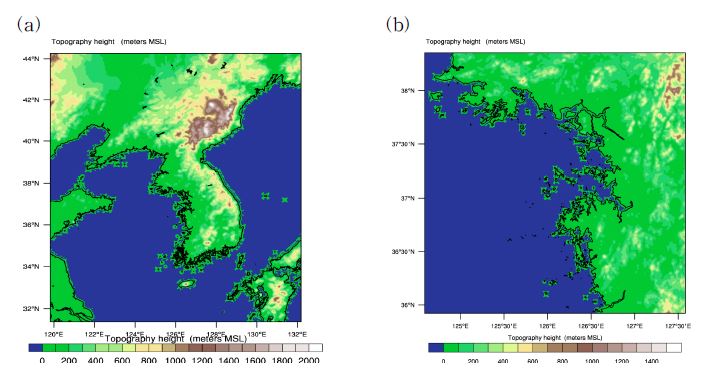 Fig. 3.1.2. Model domain (a) 5km resolution over Korean peninsula including the sea on three sides and (b) 1km resolution over metropolitan area including Seoul of ASAPS.