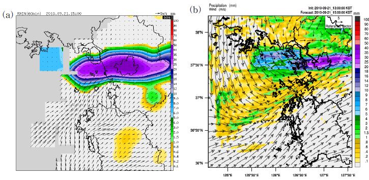 Fig. 3.1.3. The hourly accumulated precipitation of (a) AWS observation and (b) Model forecast at 15:00 LST 21 September 2010.