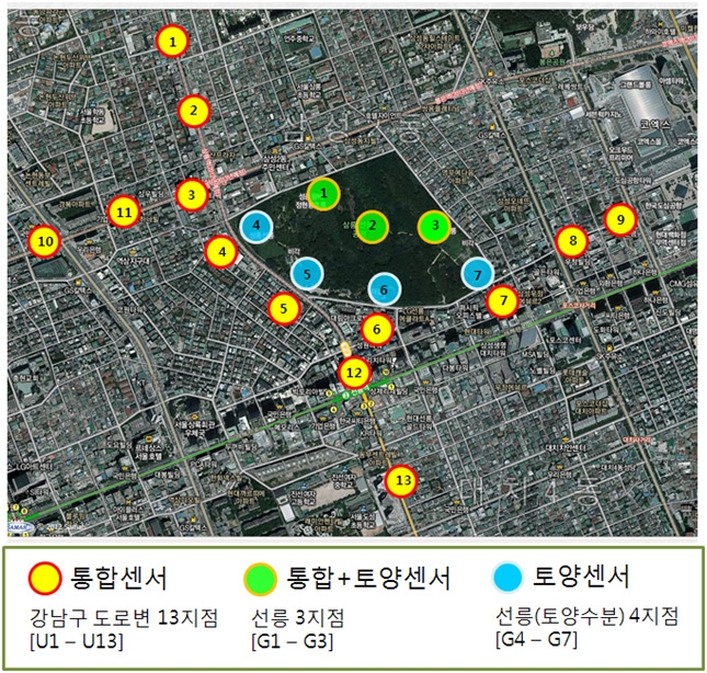 Fig. 3.1.16. Location of multi-sensor network at the observation area (Gangnam-Gu, Seoul).