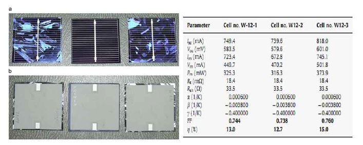 View of photovoltaic solar cells made on silicon substrate recovered from spent or damaged PV cells