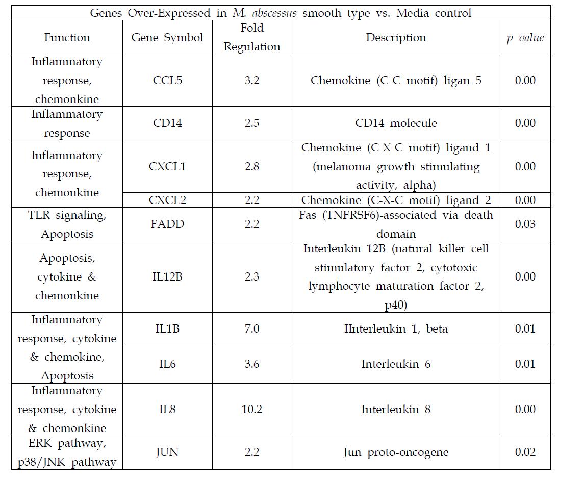 M. abscessus smooth type 균주 감염시 차등 발현되는 HMDM의 선천면역 인자에 대한 PCR-array 결과