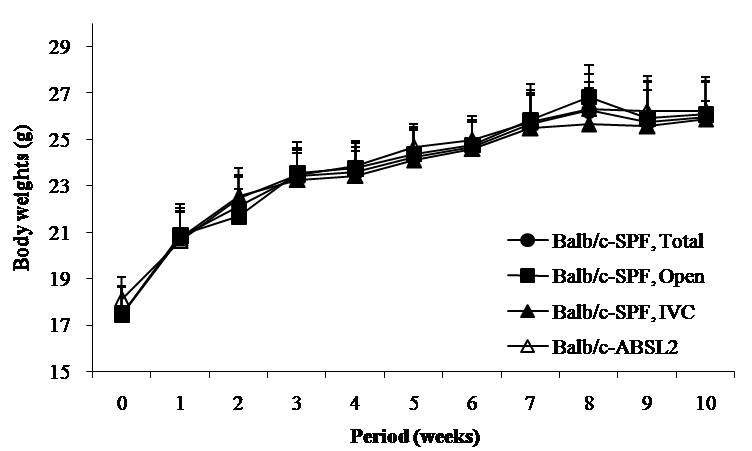 Fig. 6. Changes of body weights in male Balb/c mice at SPF and ABSL2 area