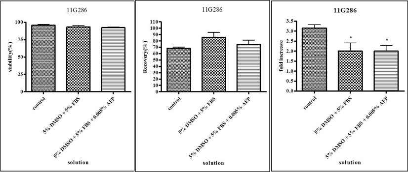 동결보존 3달 후 5% DMSO + 5% FBS 에서 0.005% AFP 첨가 후 세포 생존율, 회수율, 세포 증식력 비교 (n=4)
