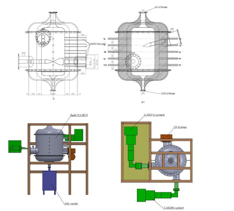 상하단 2개의 플라즈마 토치로 구성된 가스화기 구축. (위) 선회형 가스화기의 도면과 (아래) 가스화기 구성의 layout.